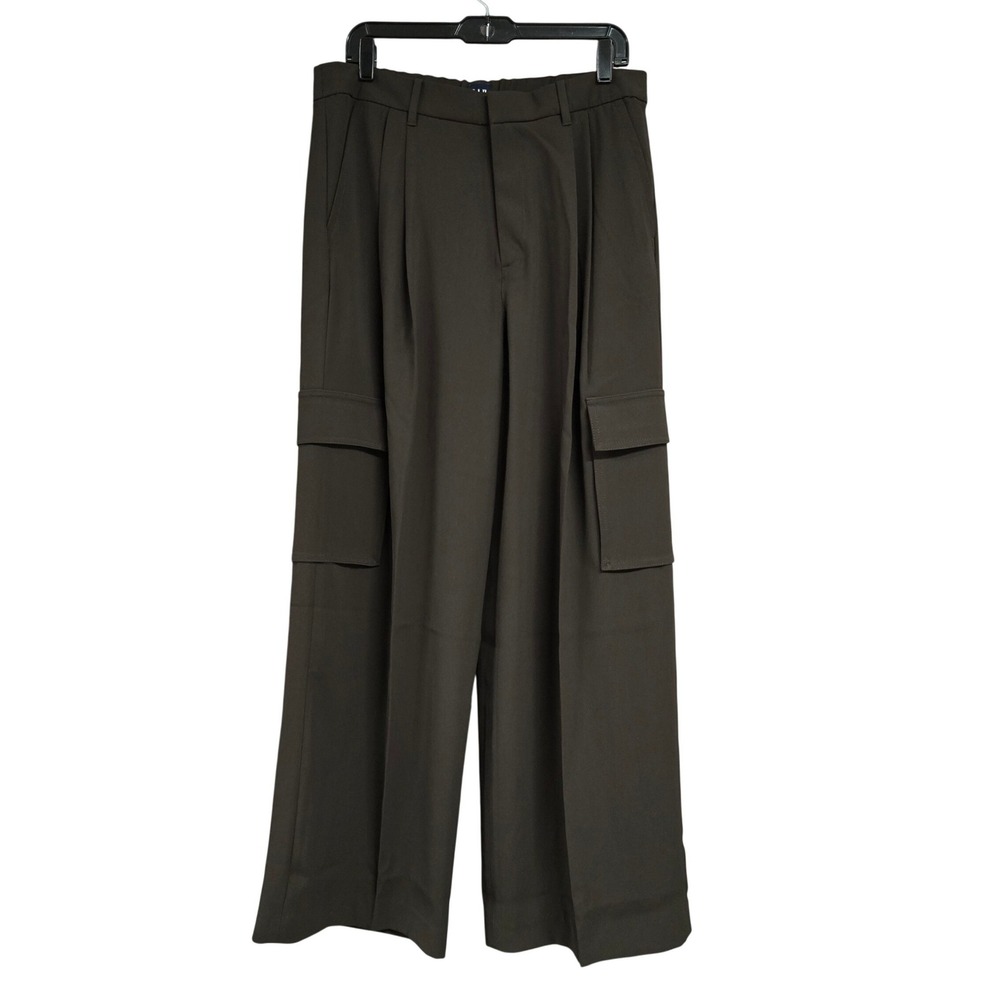 Gap 365 High Rise Trouser Pants Dark Olive Brown Cargo Wide Leg Pleated Size 14